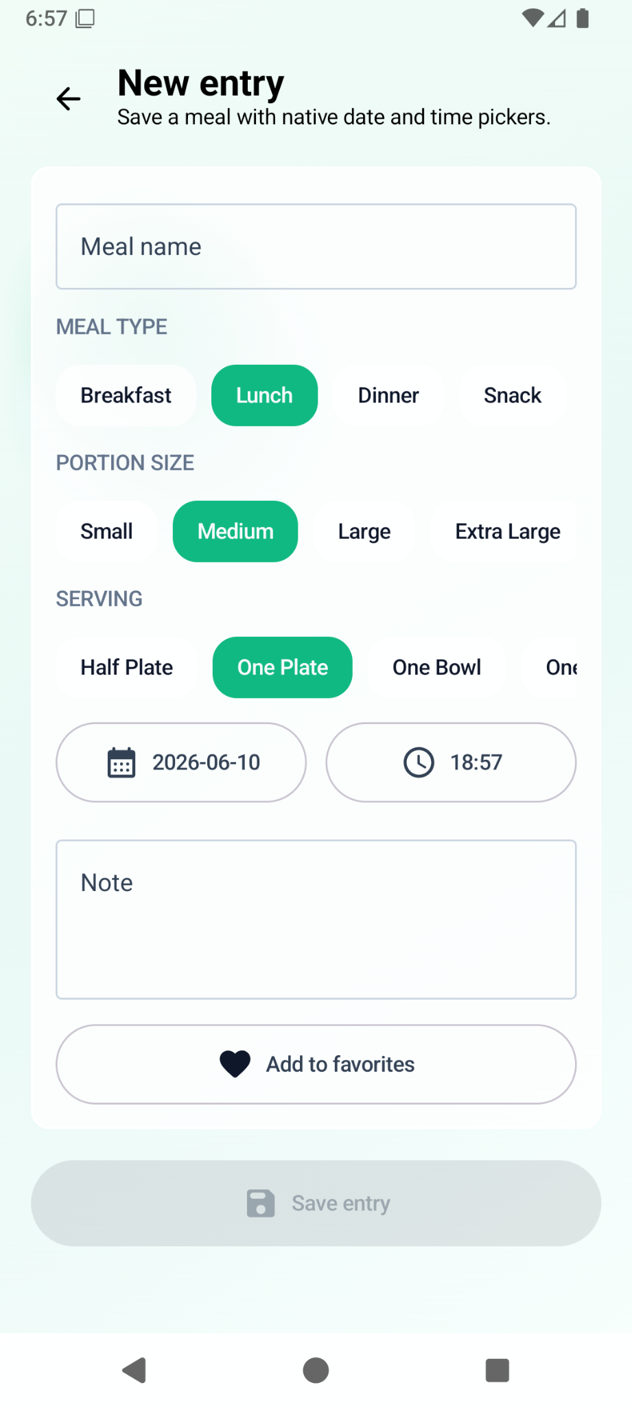 Food Portion Tracker new entry screen